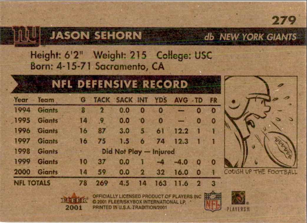 2001 Fleer Tradition Jason Sehorn Football Cards #279