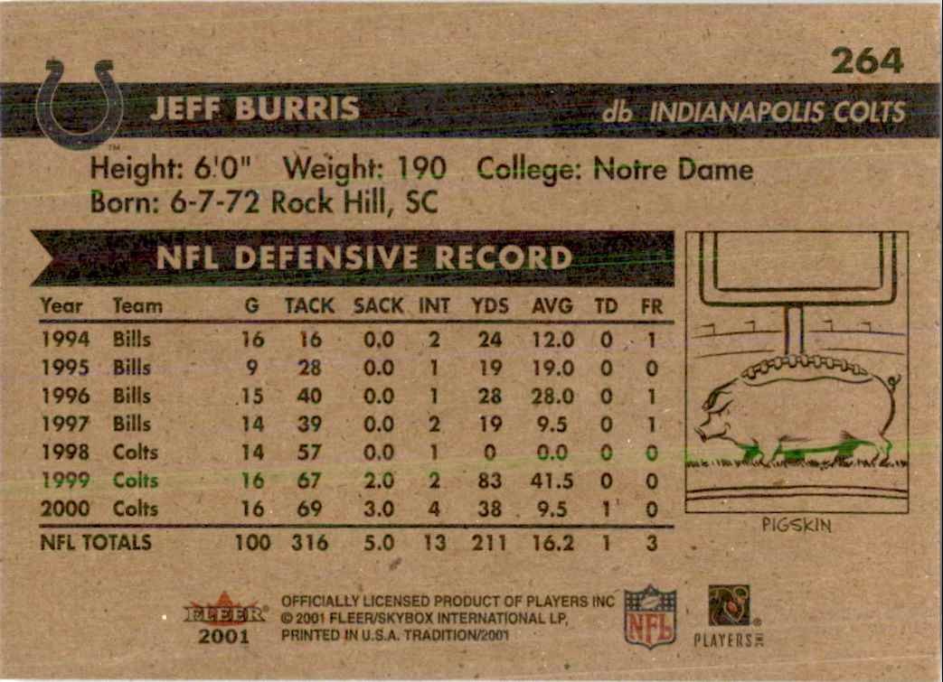 2001 Fleer Tradition Jeff Burris Football Cards #264