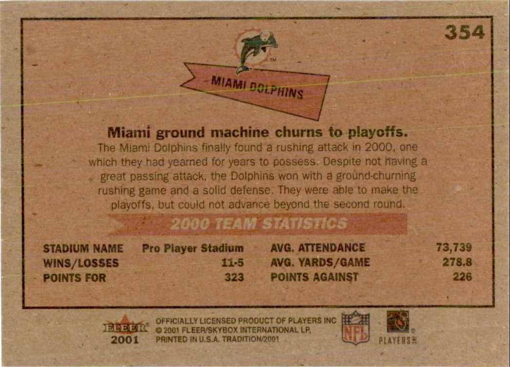 2001 Fleer Tradition Miami Dolphins Football Cards #354