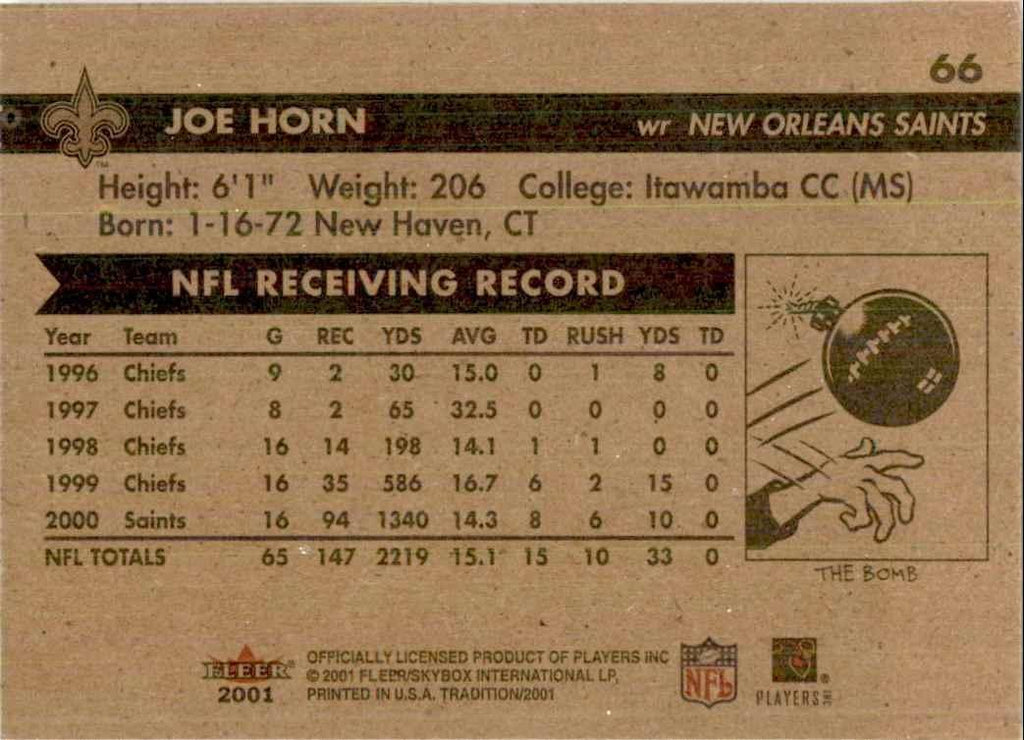 2001 Fleer Tradition Joe Horn Football Cards #66