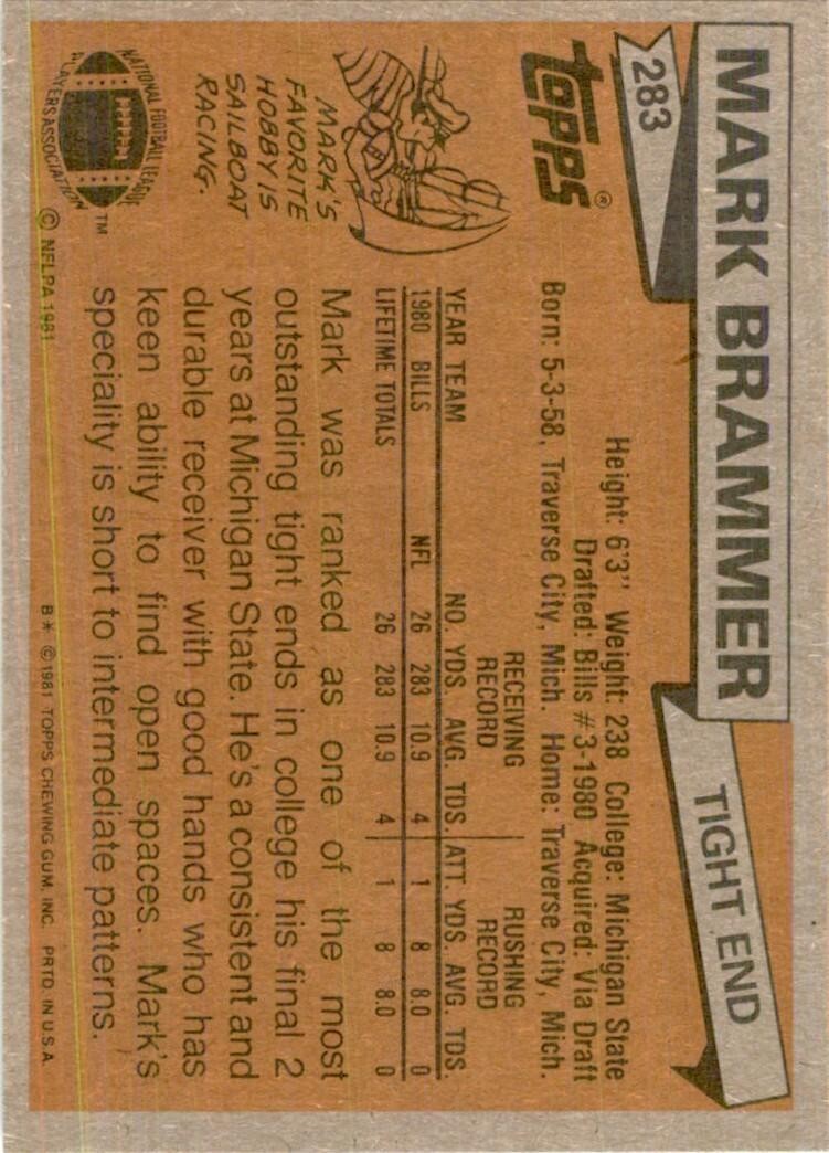 1981 Topps Mark Brammer Football Cards #283