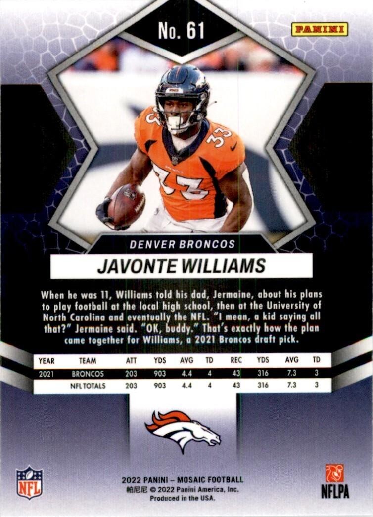 2022 Mosaic Javonte Williams Football Cards #61