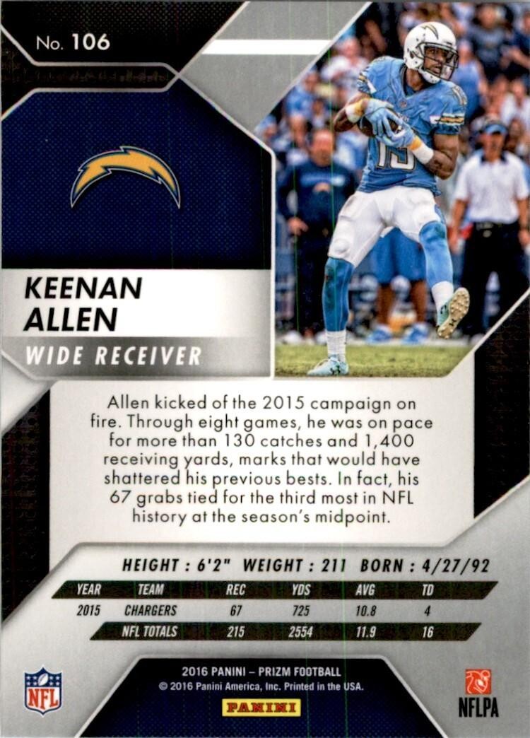 2016 Panini Prizm Keenan Allen Football Cards #106