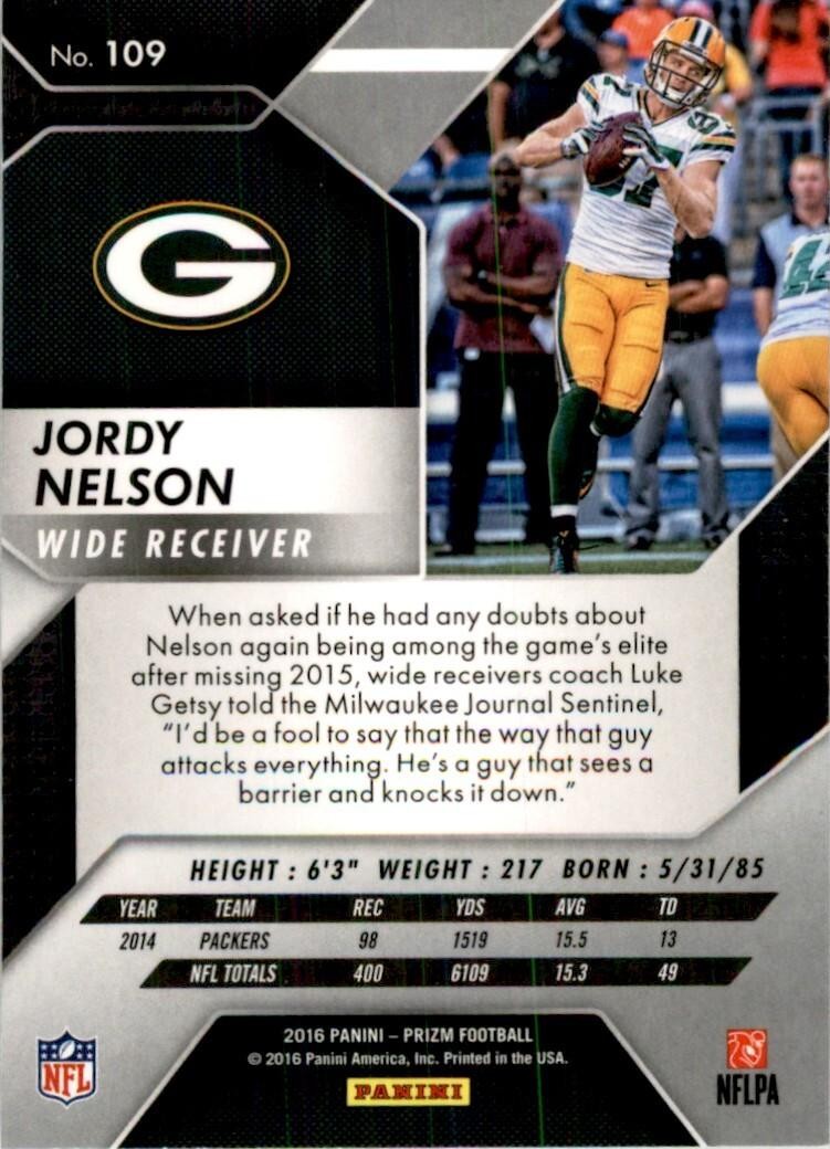 2016 Panini Prizm Jordy Nelson Football Cards #109
