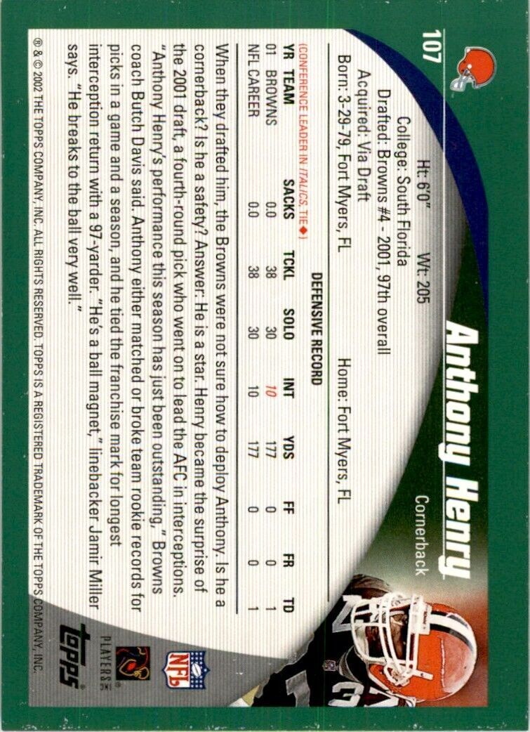 2002 Topps Anthony Henry Football Cards #107