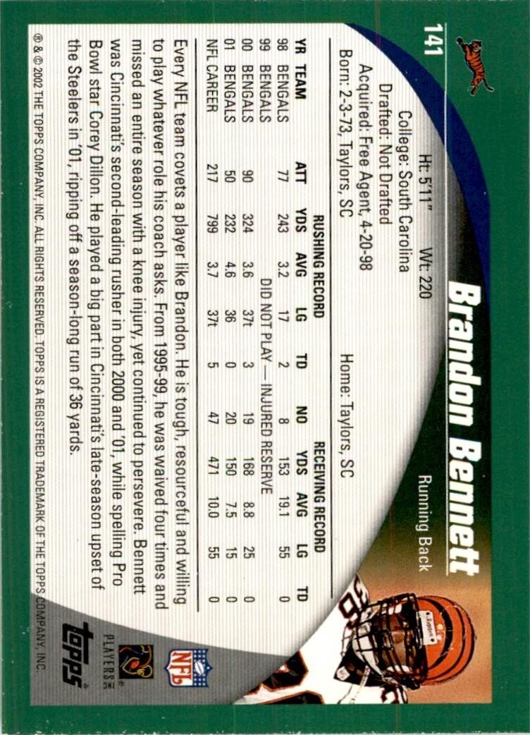 2002 Topps Brandon Bennett Football Cards #141