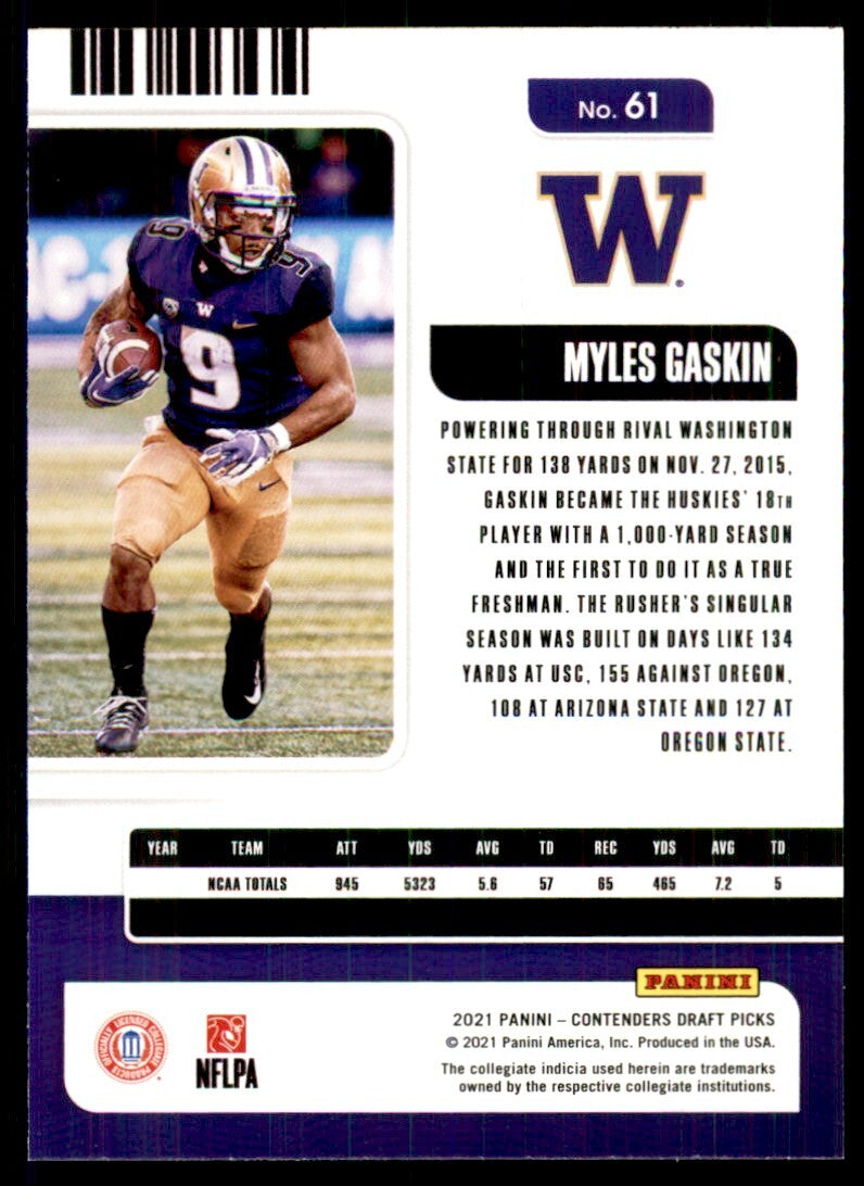 2021 Panini Contenders Draft Picks Myles Gaskin Football Cards #61