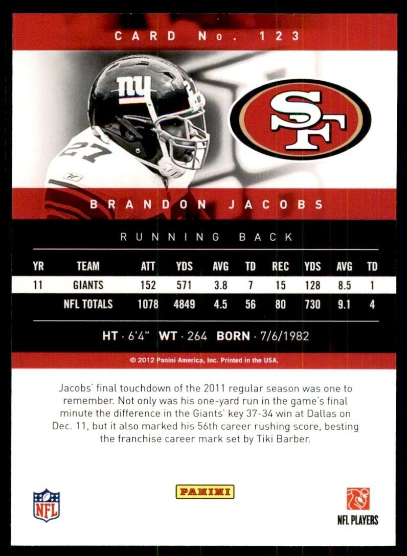 2012 Panini Prestige Brandon Jacobs Football Cards #123