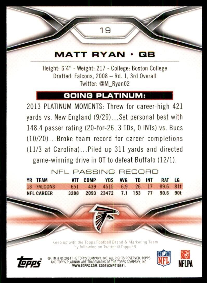 2014 Topps Platinum Matt Ryan Football Cards #19