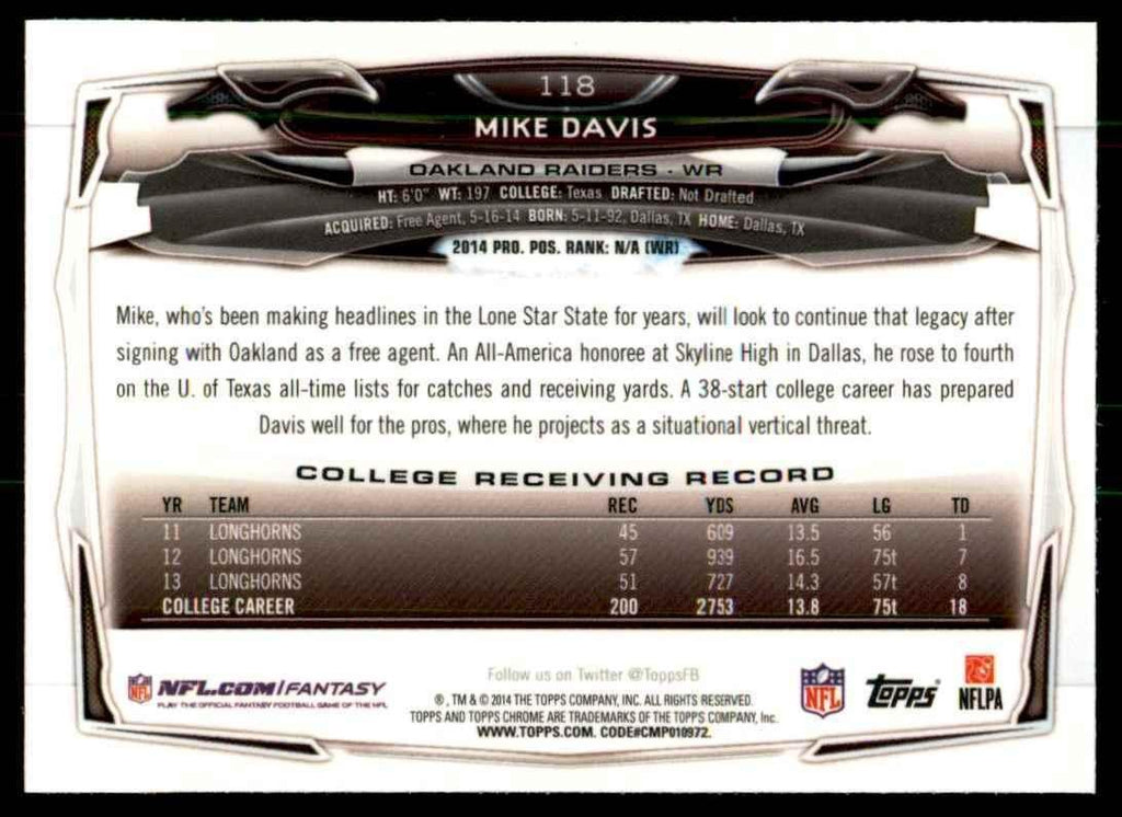 2014 Topps Chrome Mike Davis A Football Cards #118