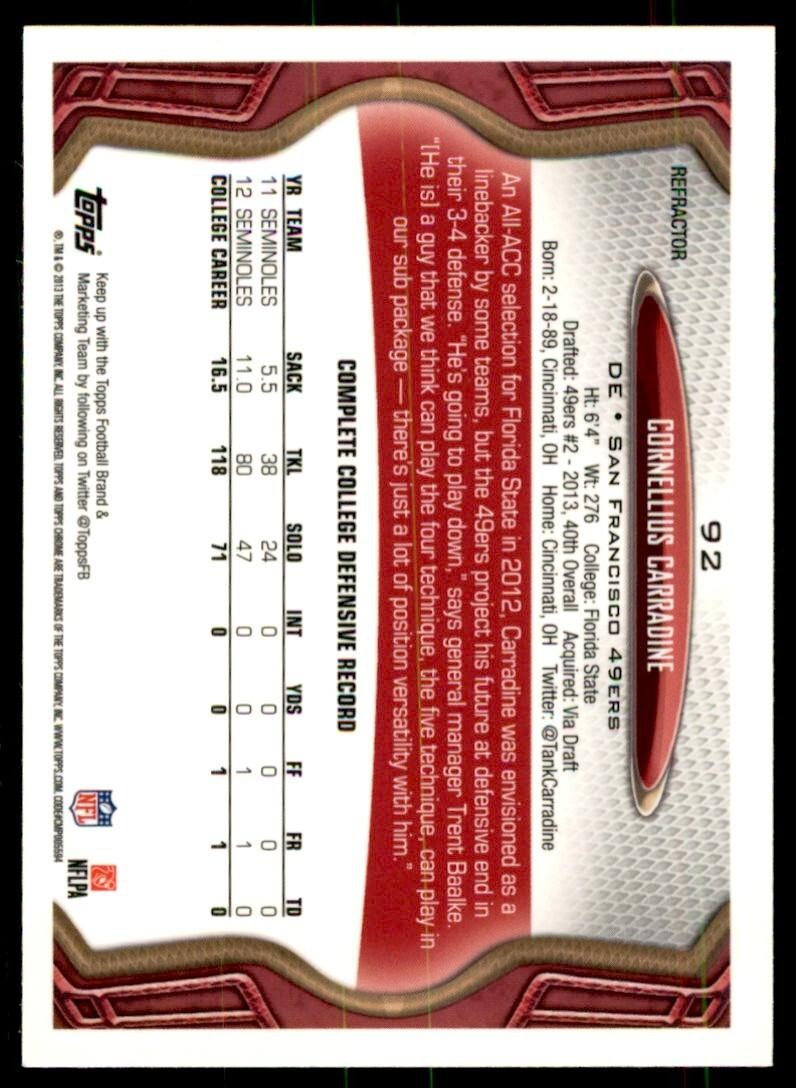 2013 Topps Chrome Cornellius Carradine Football Cards #92