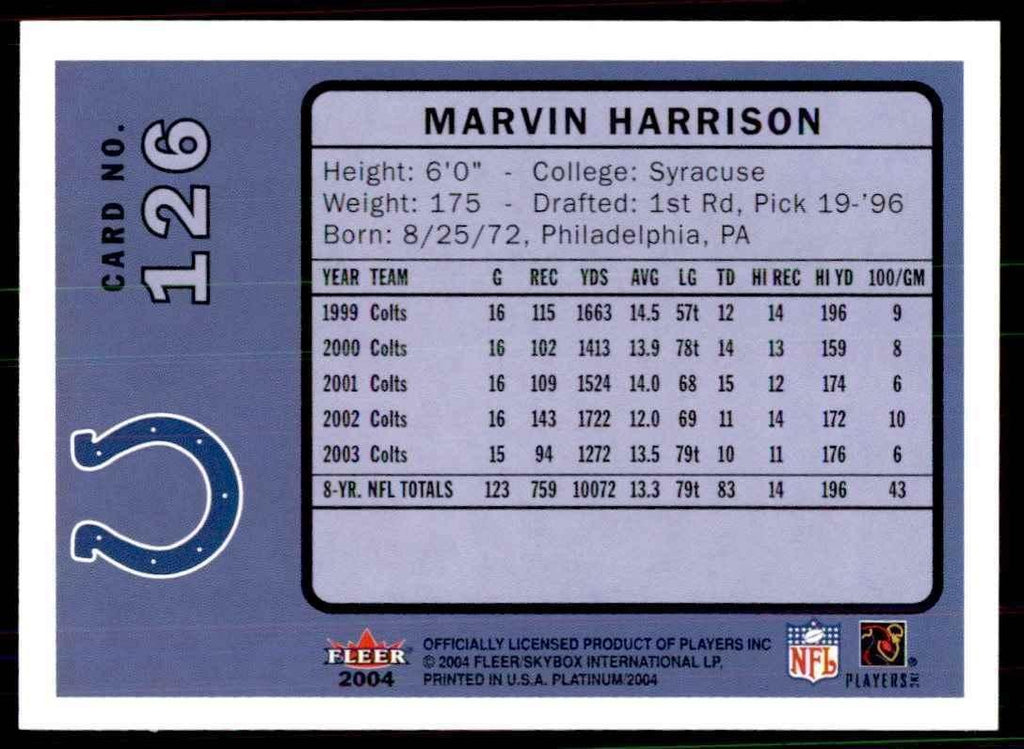 2004 Fleer Platinum Marvin Harrison Football Cards #126