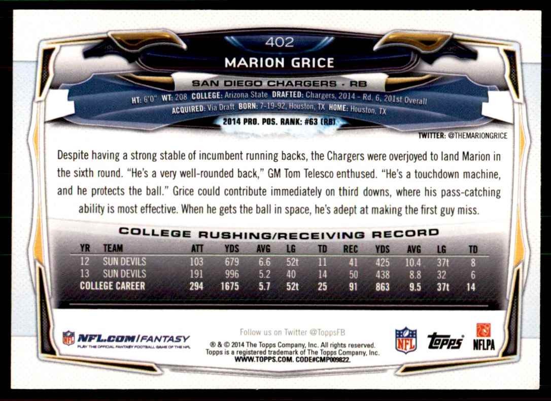 2014 Topps Marion Grice Football Cards #402