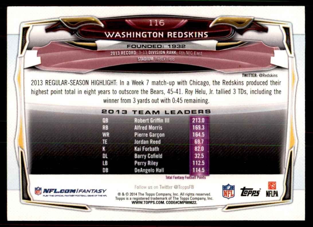 2014 Topps Washington Redskins  Football Cards #116