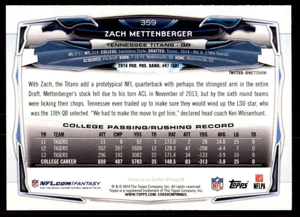 2014 Topps Zach Mettenberger  Football Cards #359