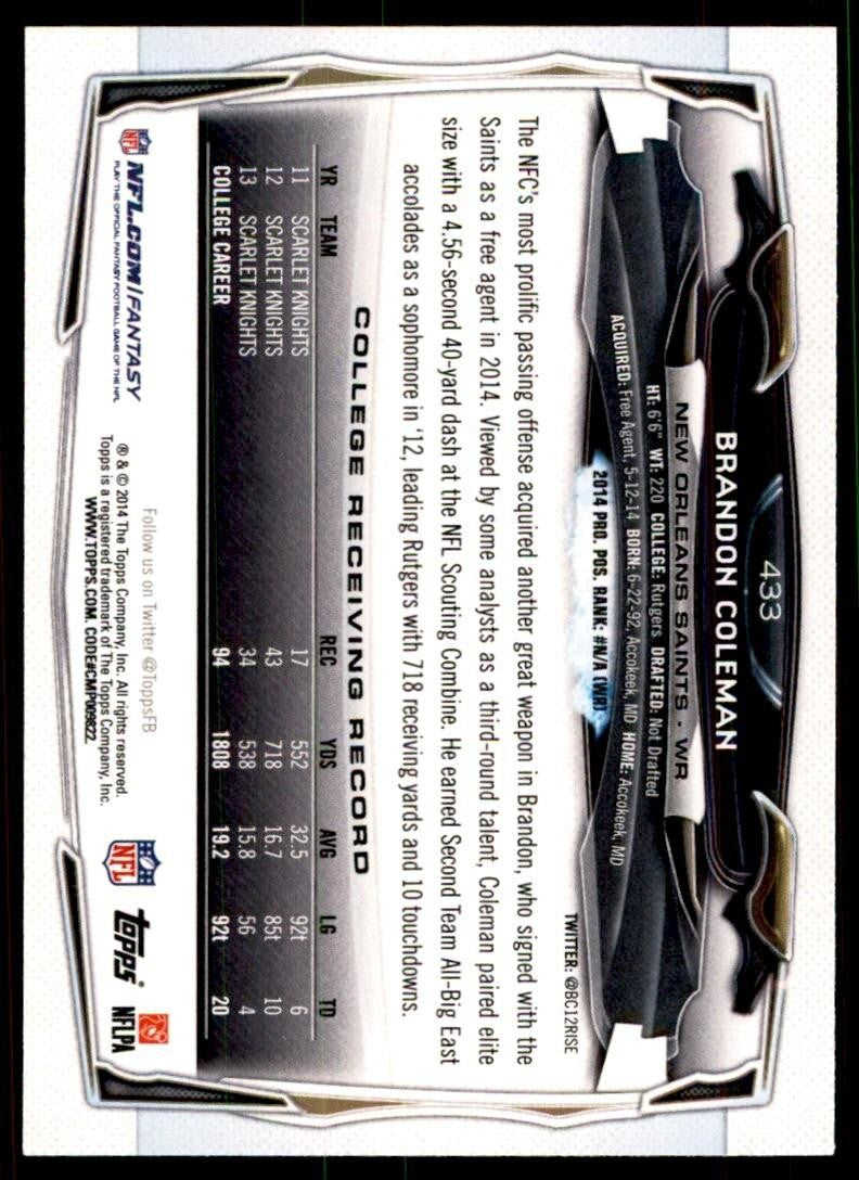 2014 Topps. Brandon Coleman Football Cards #433