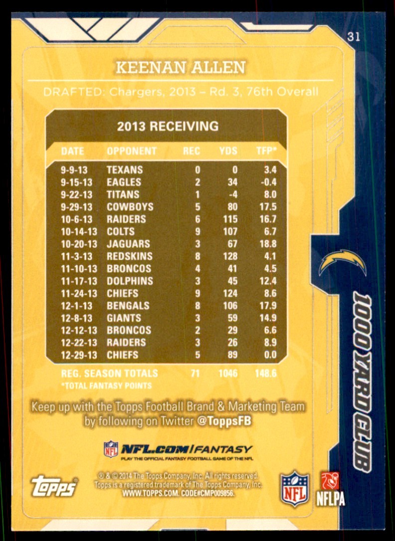 2014 Topps. Keenan Allen Football Cards #31
