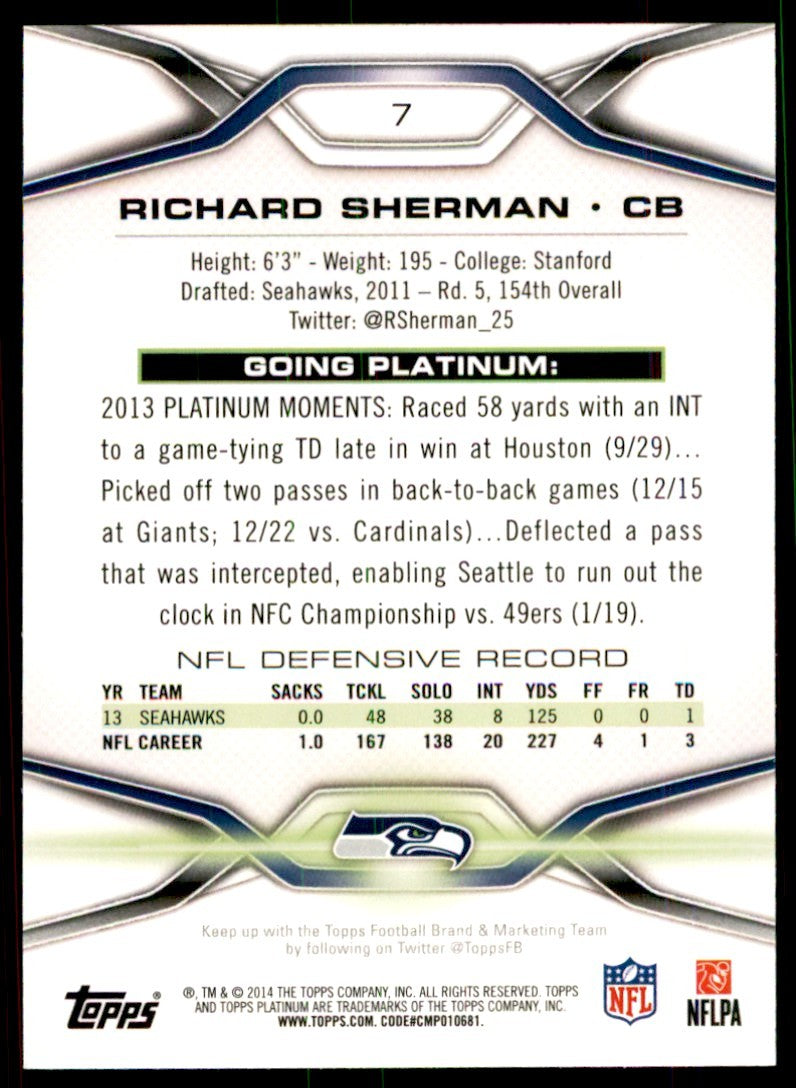 2014 Topps Platinum. Richard Sherman A Football Cards #7