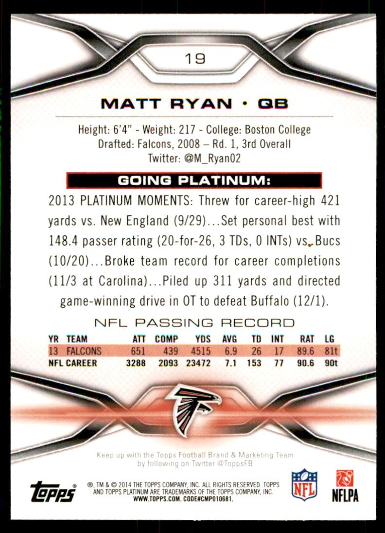 2014 Topps Platinum. Matt Ryan Football Cards #19