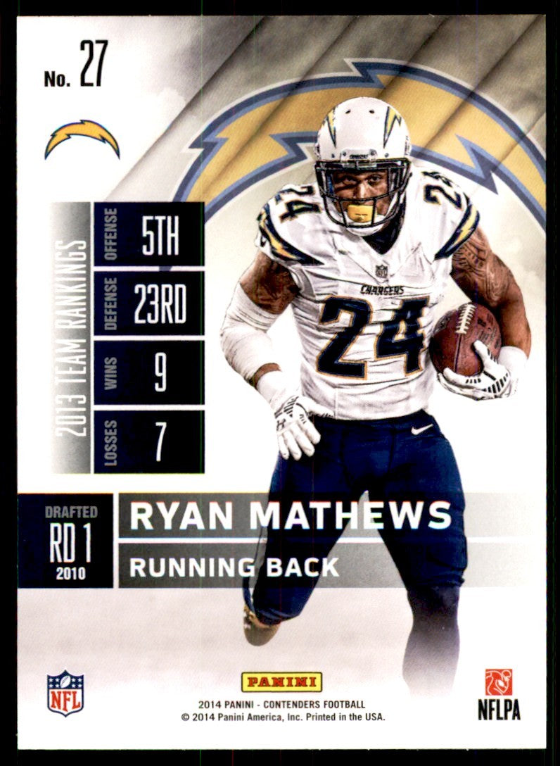 2014 Panini Contenders. Ryan Mathews Football Cards #27