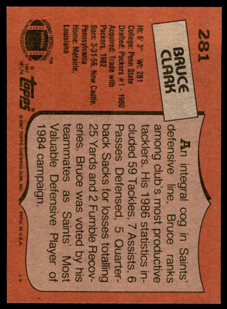 1987 Topps Bruce Clark Football Cards #281