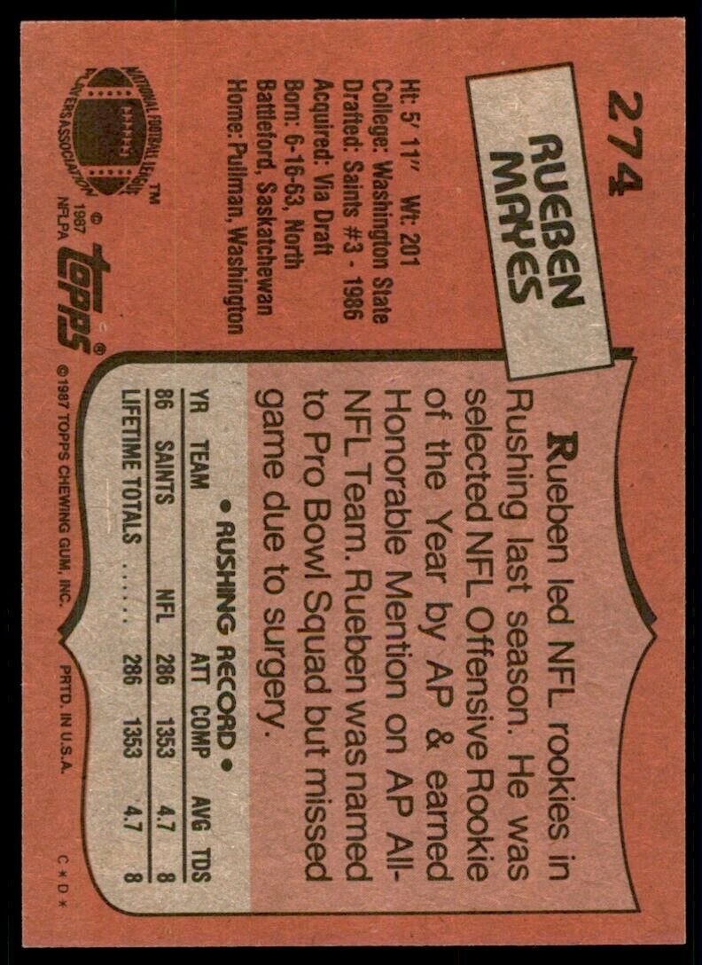 1987 Topps Rueben Mayes Football Cards #274