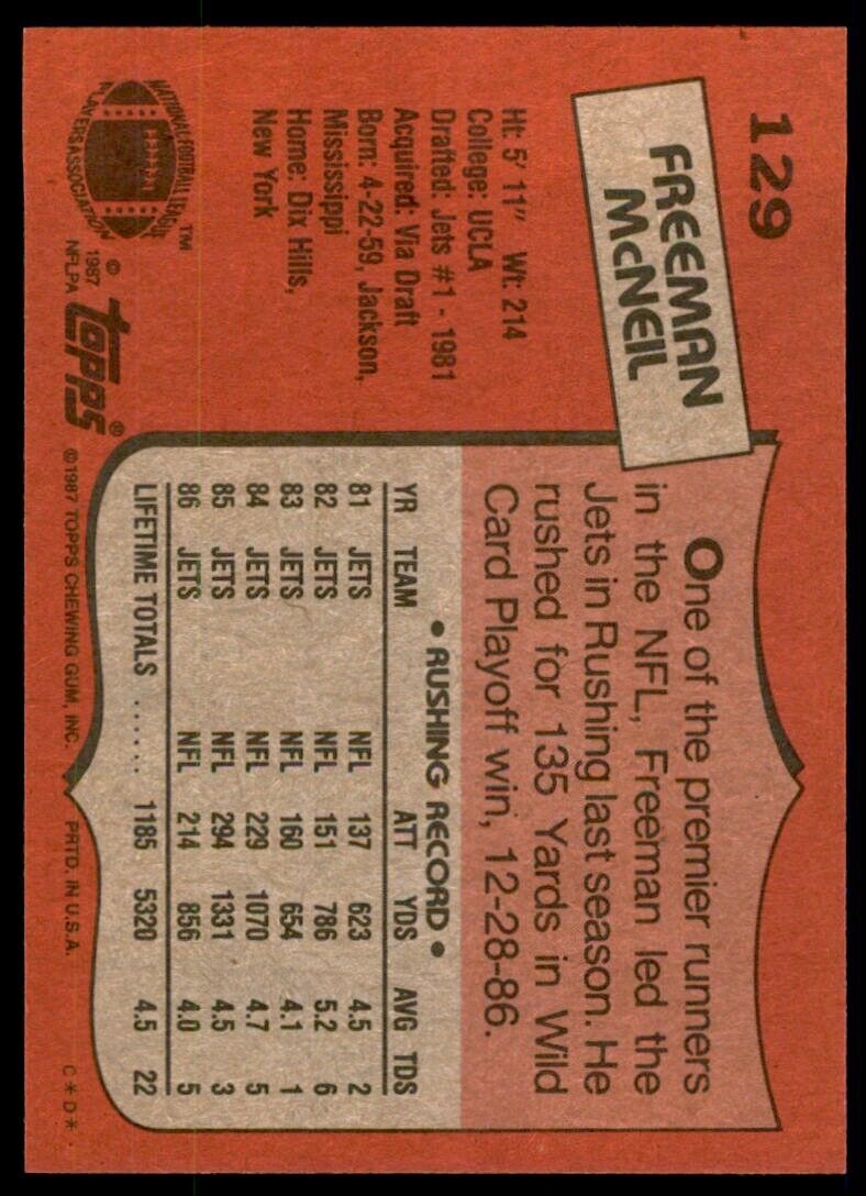1987 Topps Freeman McNeil Football Cards #129