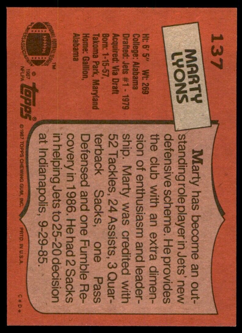 1987 Topps Marty Lyons A Football Cards #137
