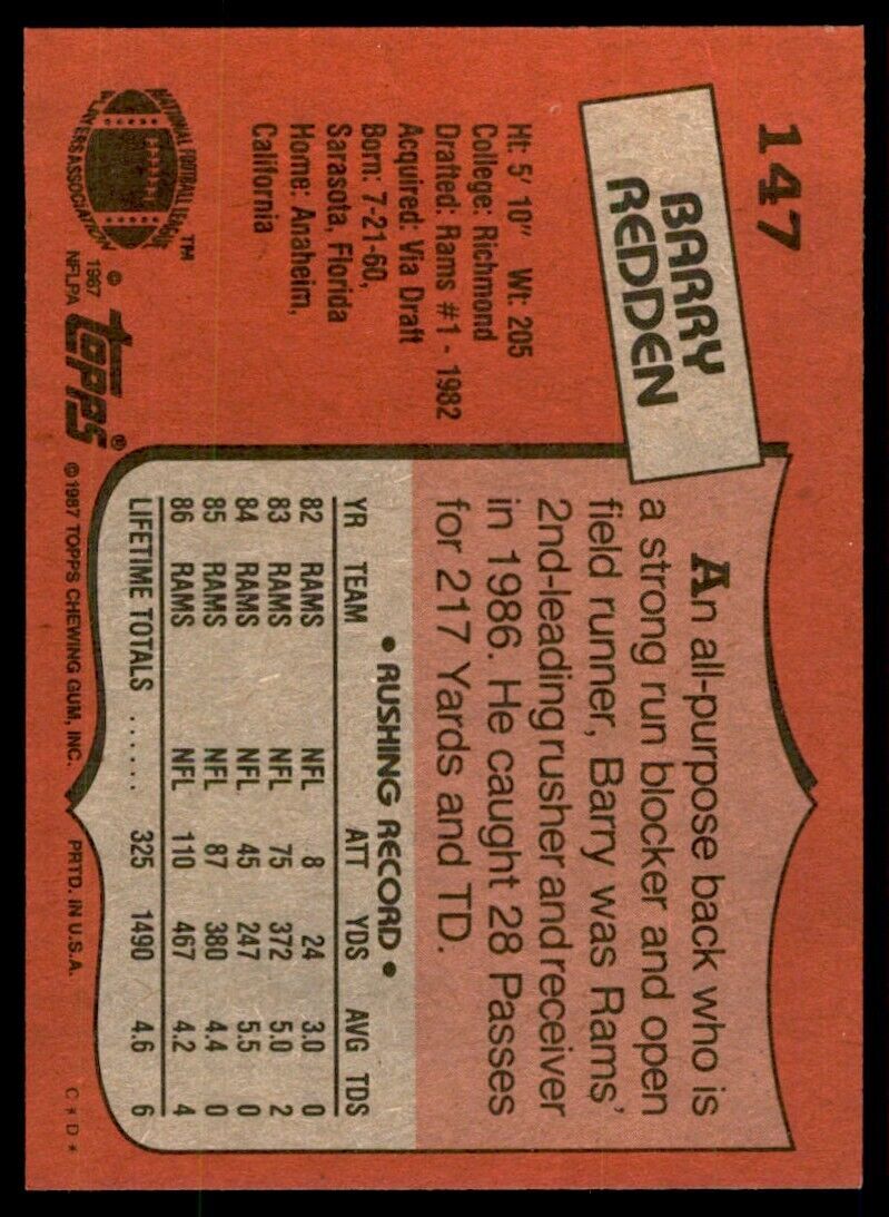 1987 Topps Barry Redden A Football Cards #147