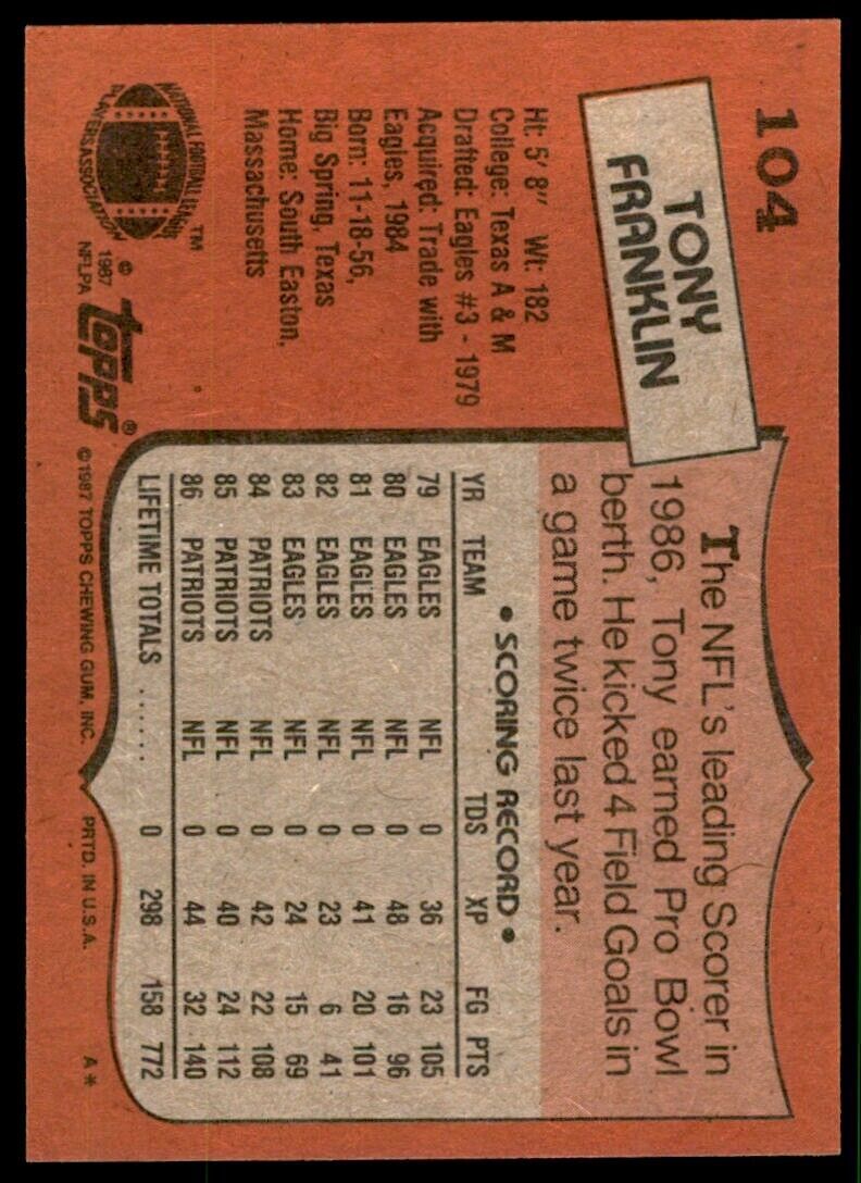 1987 Topps Tony Franklin A Football Cards #104