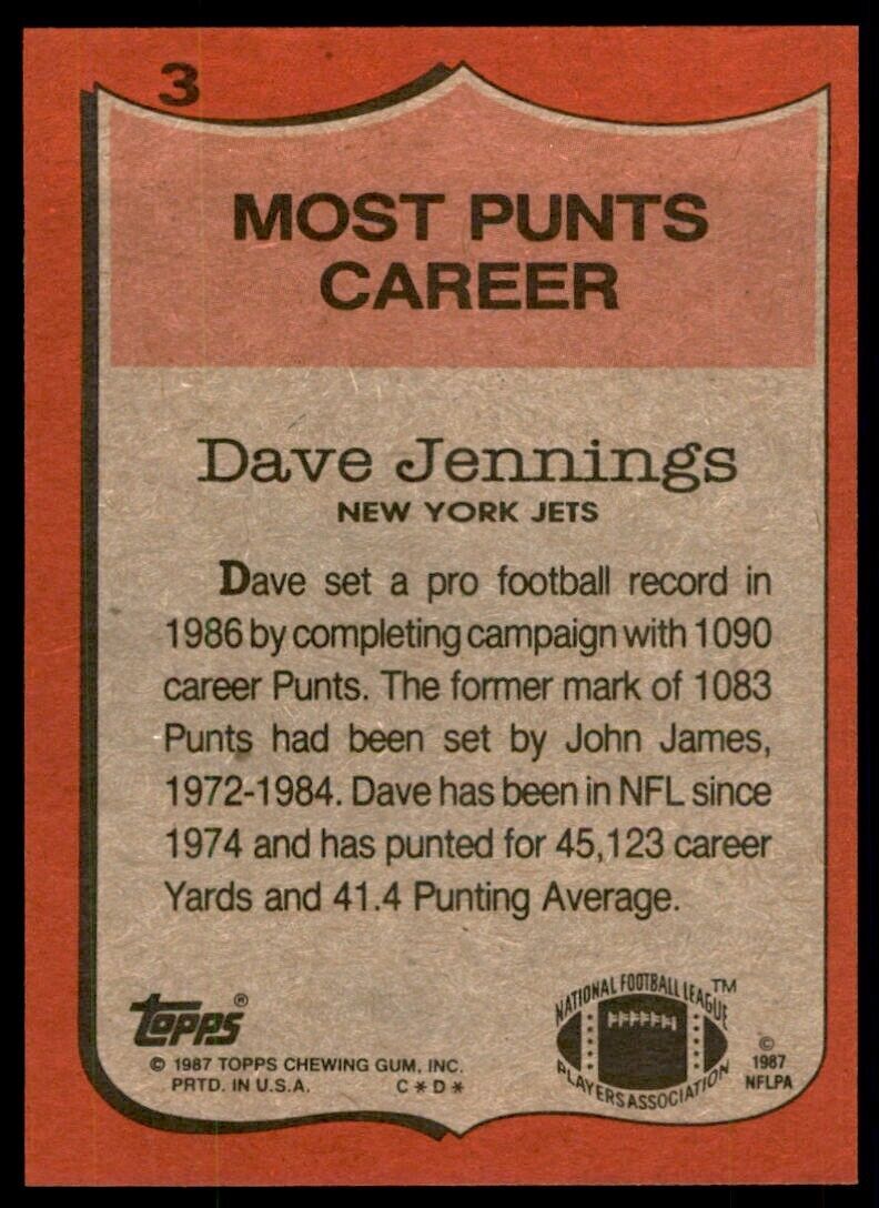 1987 Topps Dave Jennings Football Cards #3