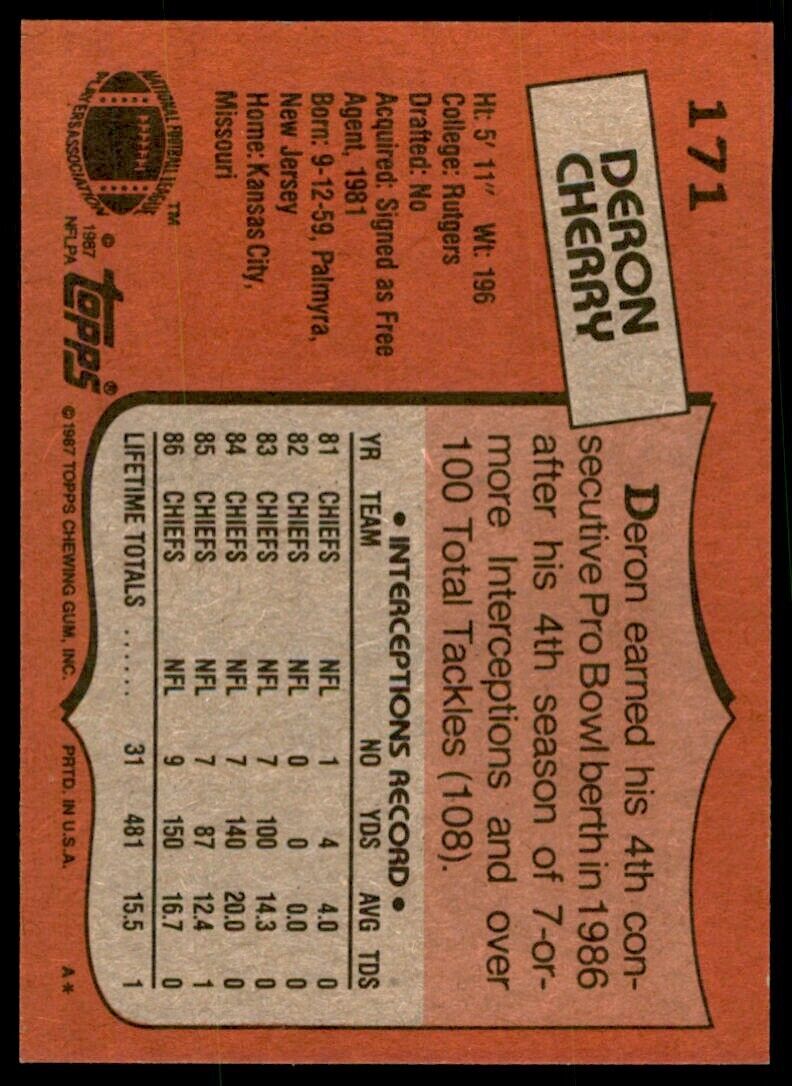 1987 Topps Deron Cherry Football Cards #171