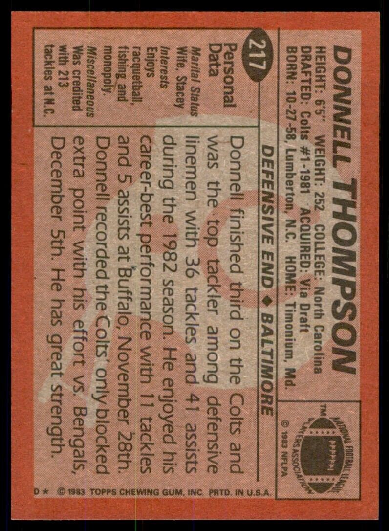 1983 Topps Donnell Thompson Football Cards #217