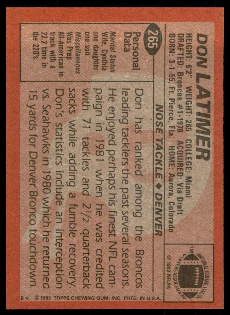 1983 Topps Don Latimer Football Cards #265