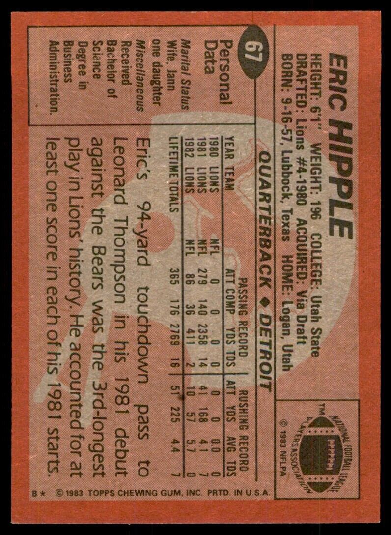 1983 Topps Eric Hipple B Football Cards #67