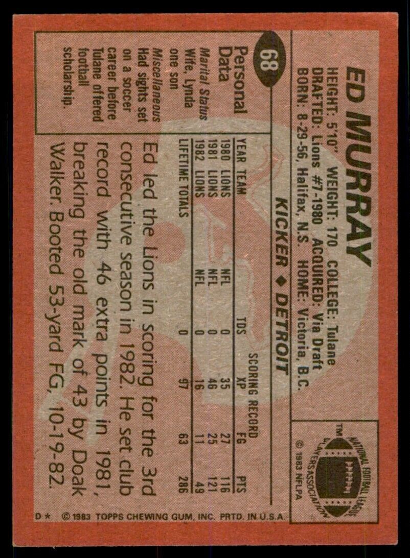 1983 Topps Ed Murray Football Cards #68