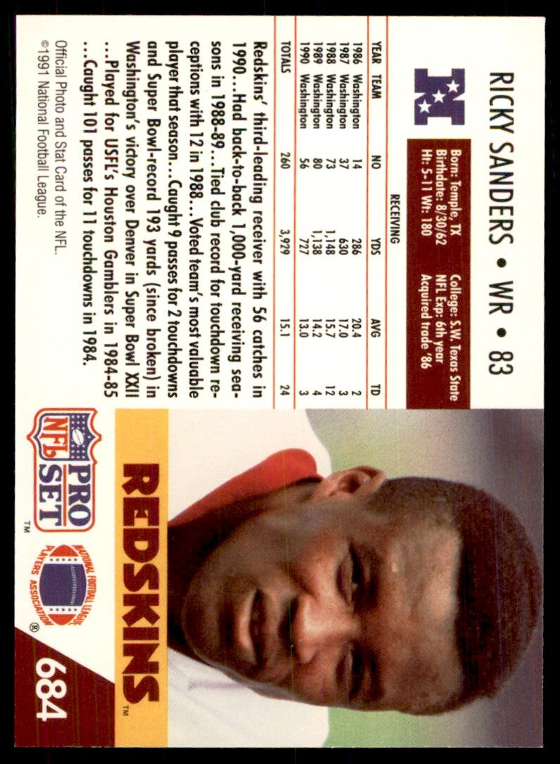1991 Pro Set Ricky Sanders Football Card #684