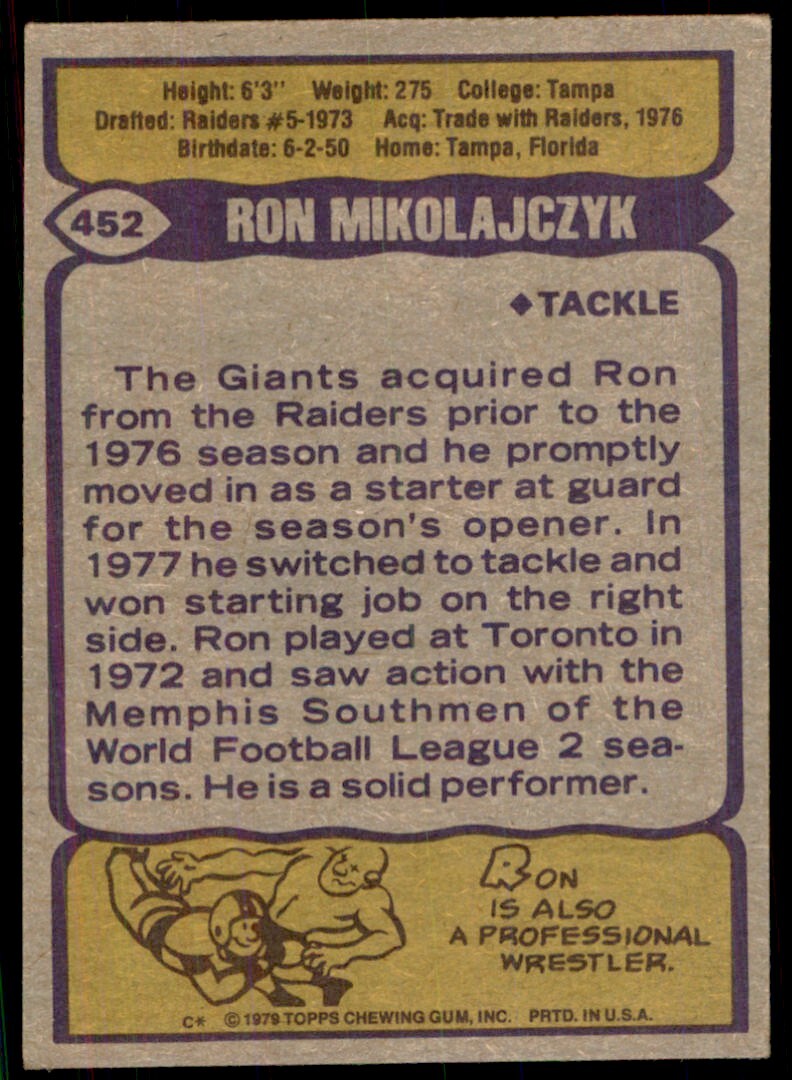 1979 Topps Ron Mikolajczyk Football Card #452