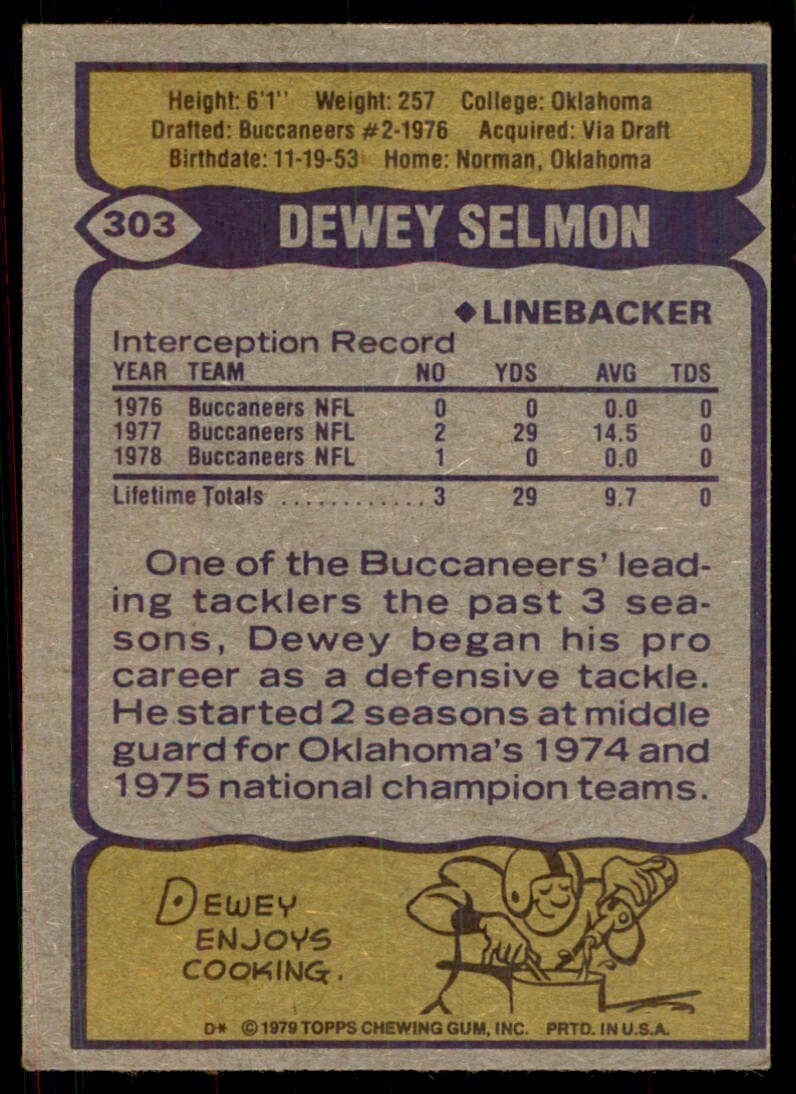 1979 Topps Dewey Selmon Football Card #303