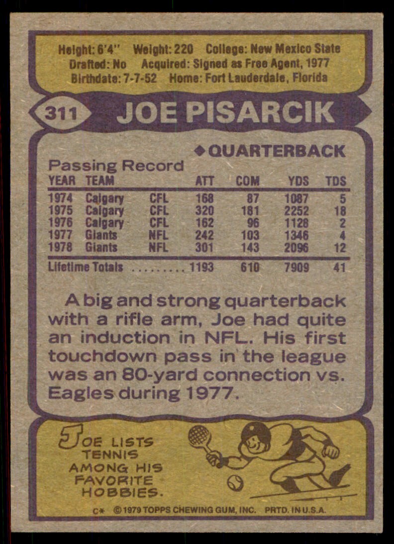 1979 Topps Joe Pisarcik Football Card #311
