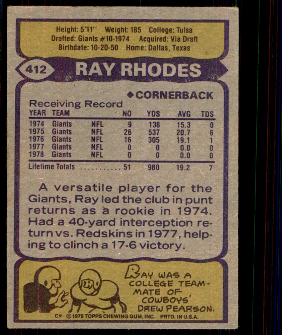 1979 Topps Ray Rhodes Football Card #412