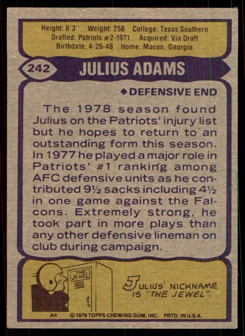 1979 Topps Julius Adams Football Card #242