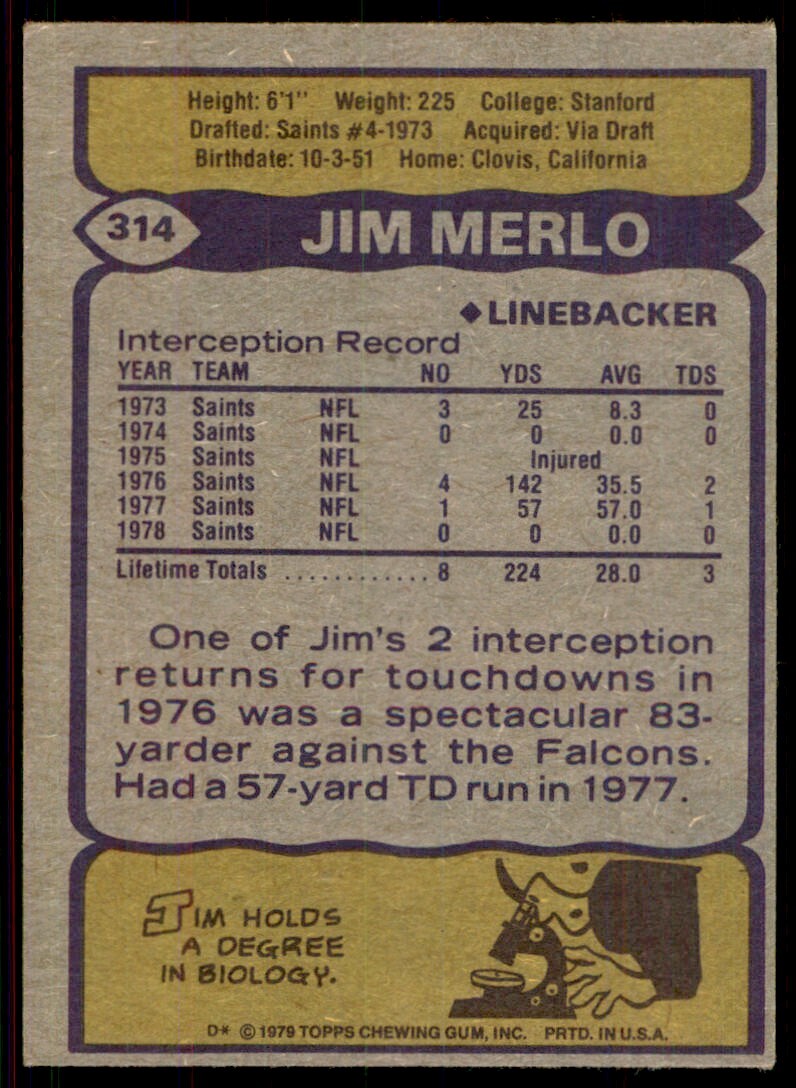 1979 Topps Jim Merlo Football Card #314