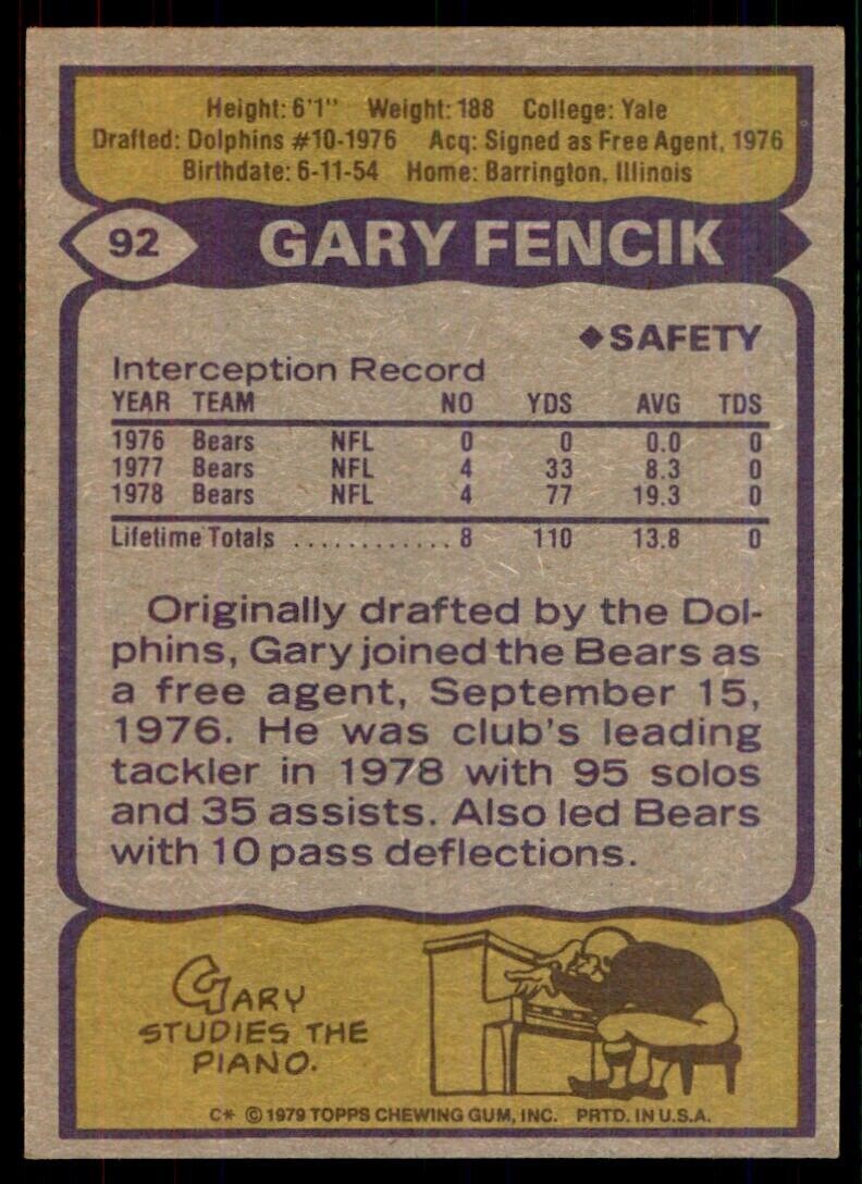 1979 Topps Gary Fencik Football Card #92