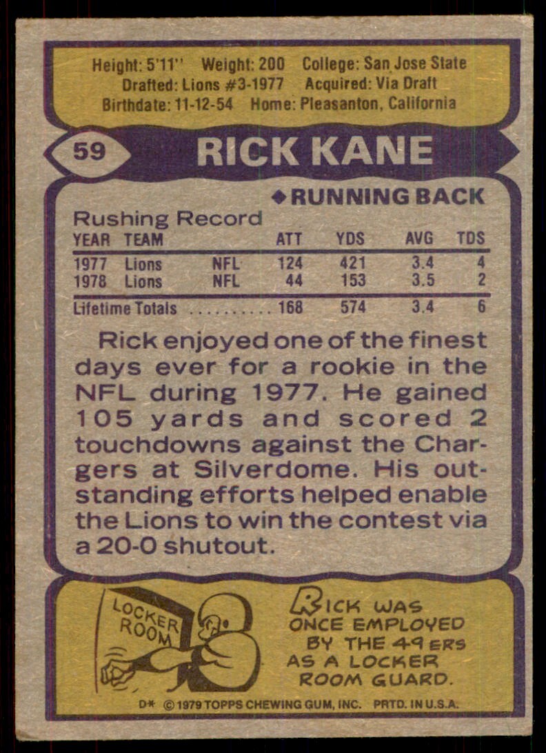 1979 Topps Rick Kane Football Card #59