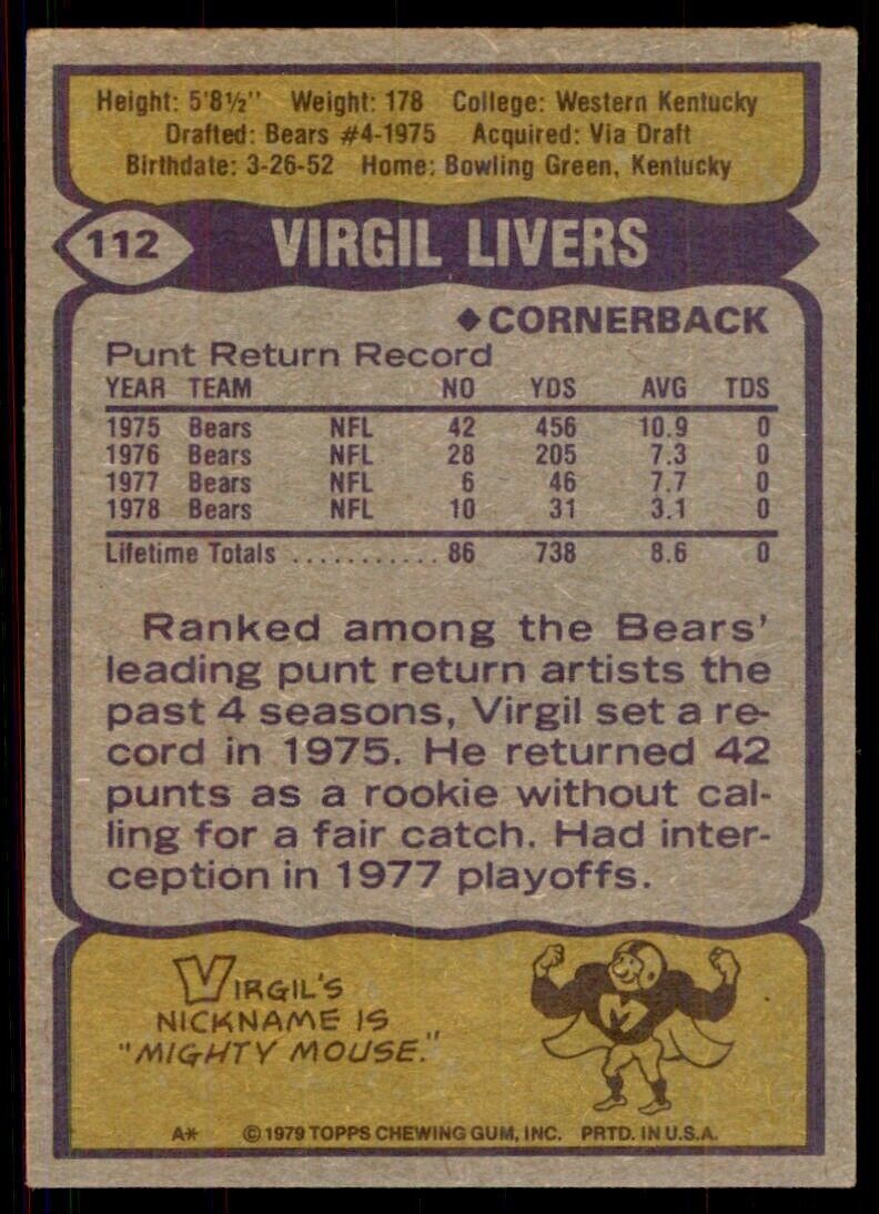 1979 Topps Virgil Livers Football Card #112