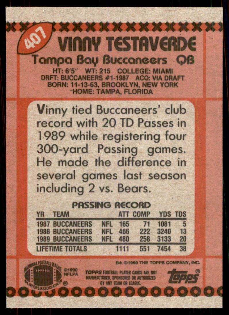 1990 Topps Vinny Testaverde Football Cards #407
