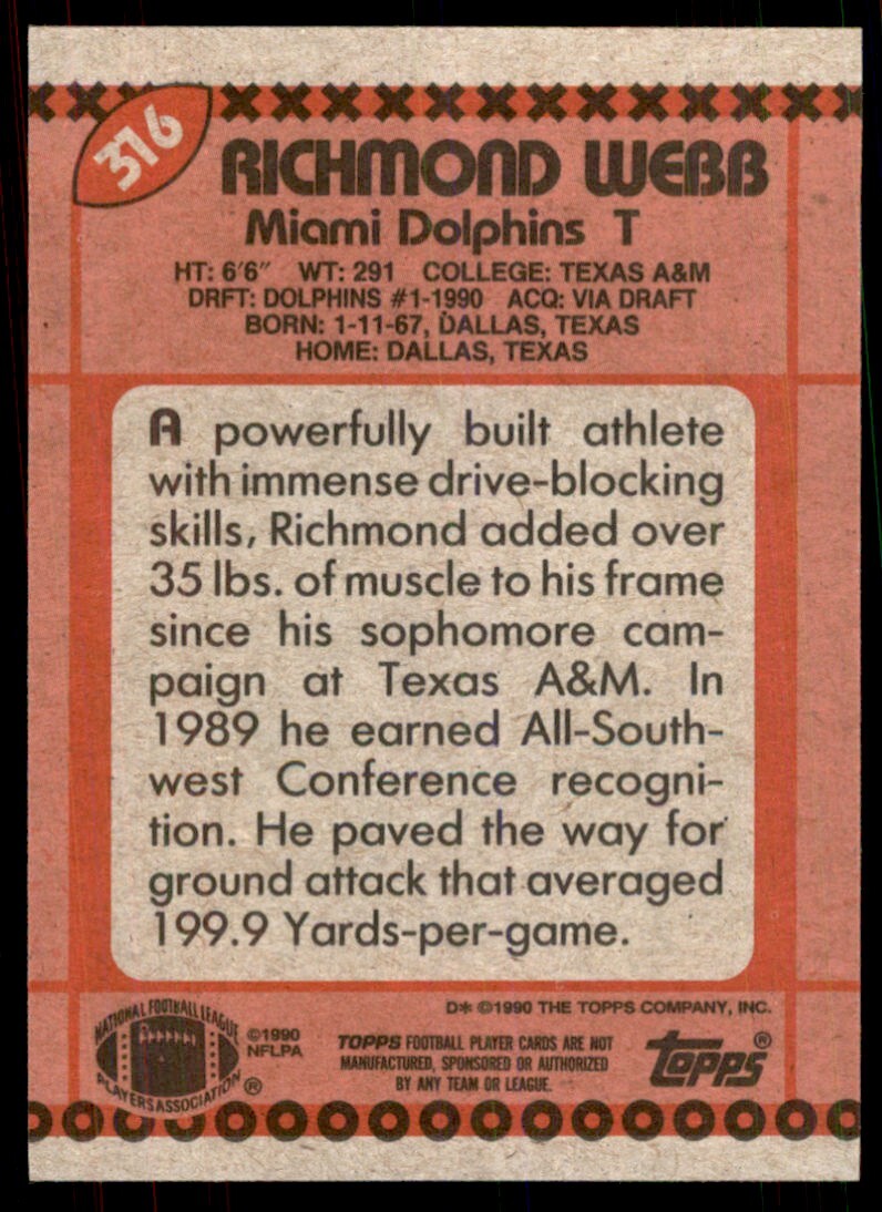 1990 Topps Richmond Webb Football Cards #316