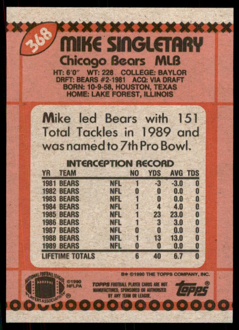 1990 Topps Mike Singletary Football Cards #368