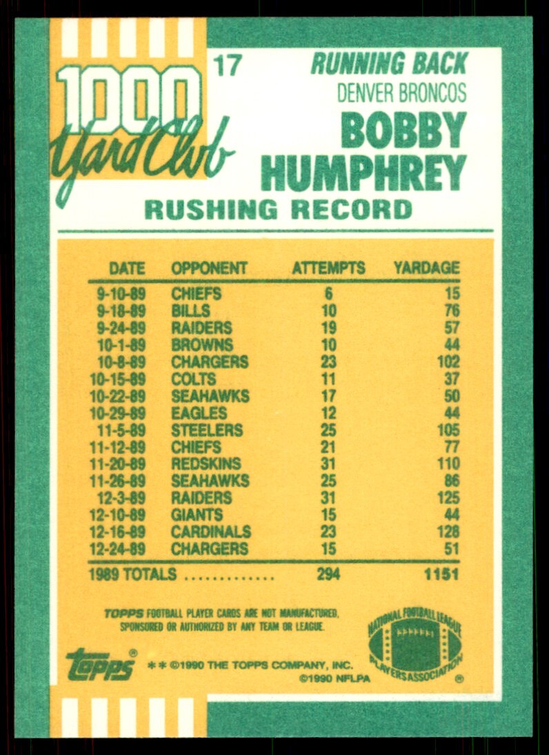 1990 Topps 1000 Yard Club Bobby Humphrey B Football Cards #17